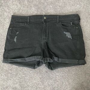 Mid-Rise Black-Wash Ripped Boyfriend Jean Shorts, Size 18